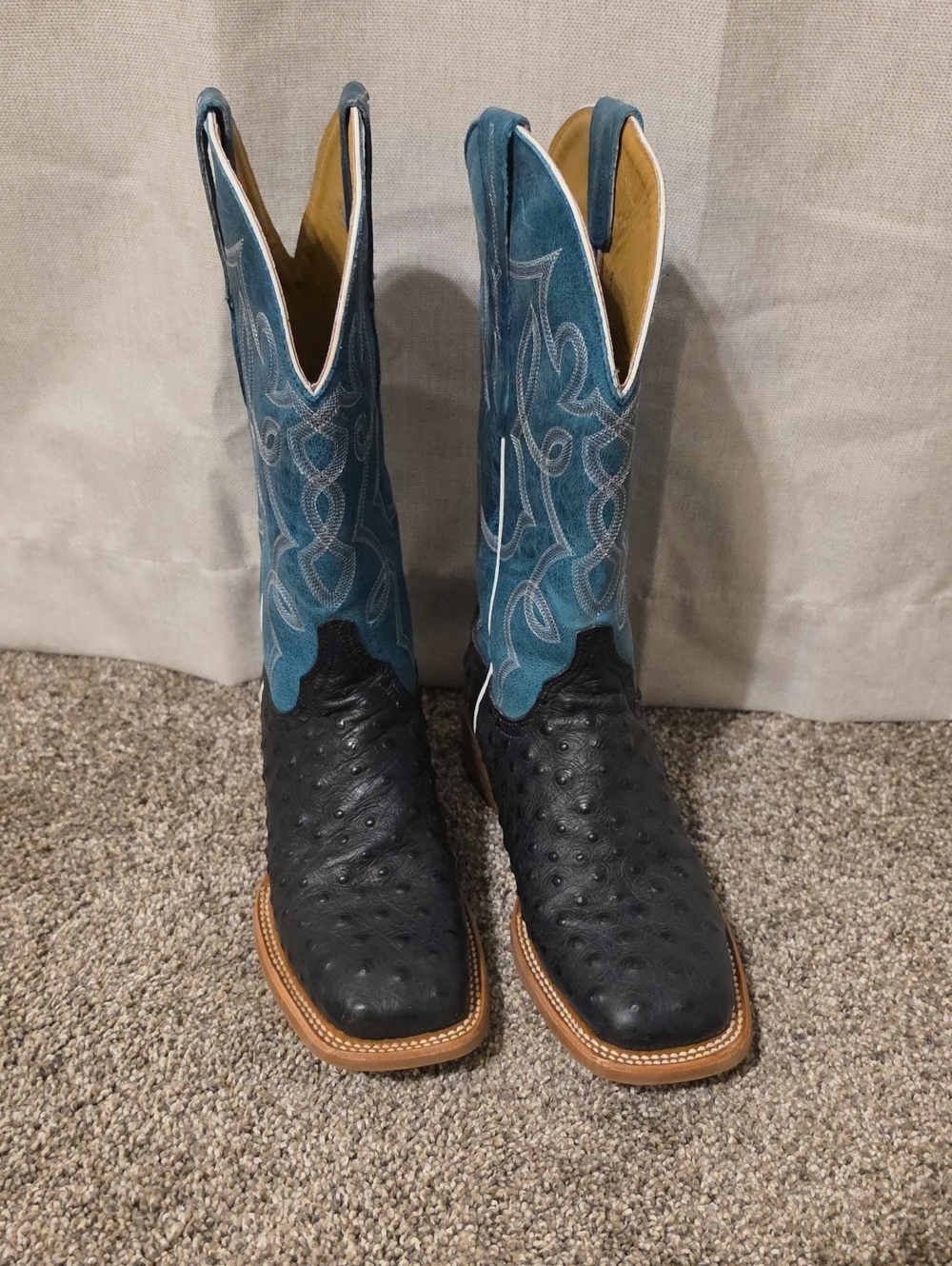 Black Ostrich Leather Western Boots with Teal Shaft